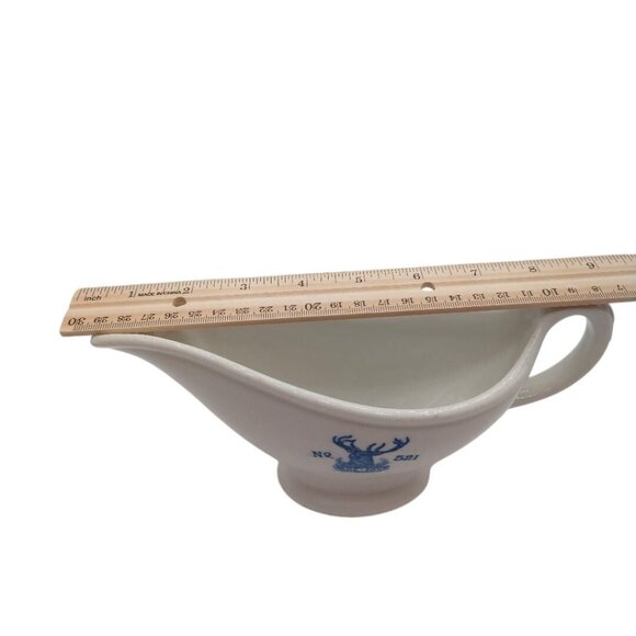 Vintage White Gravy Boat With Blue Stag Crest No. 521 Porcelain 9" Long - Picture 5 of 5